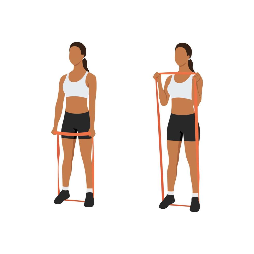 woman doing hammer grip curls with long resistance band exercise flat illustration isolated on white background vector